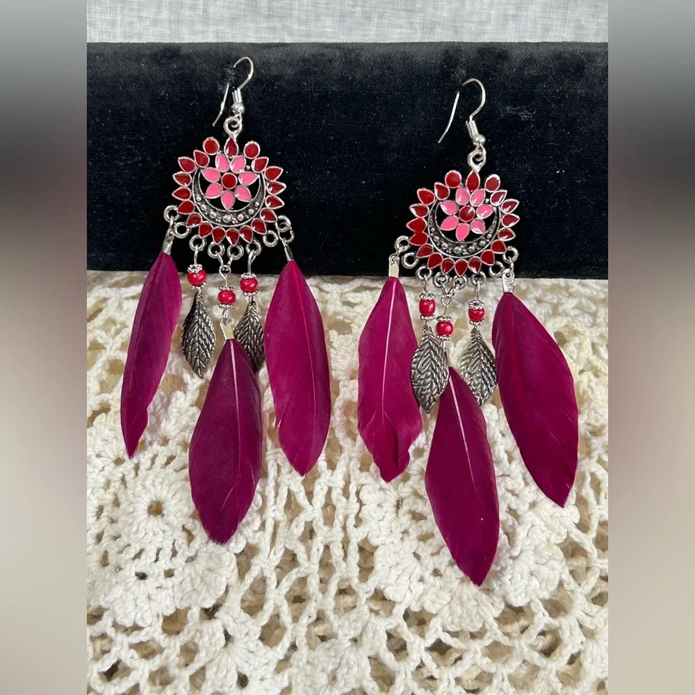 Feather Earrings Boho Vibrant Magenta Burgundy Silver Tone Chandelier Enamel